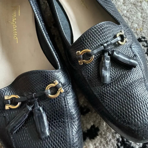Salvatore Ferragamo Womens Animal Print Loafers 8.5 Black Lizard Whimsigoth - Picture 9 of 13